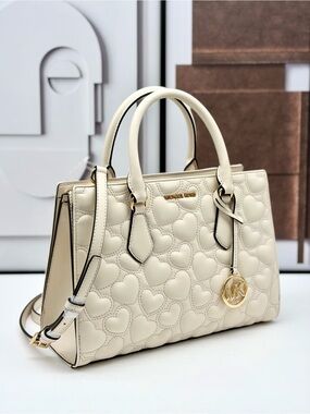 Michael Kors Cream Quilted Heart Leather Satchel with MK Charm